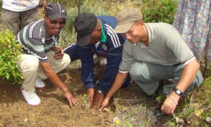 Le directeur régional de l’environnement et des forêts (à g.) et le chef district d’Ambositra (à dr.) entourant le chef de région Razafimaro Joseph lors du lancement officiel. (Photo Anastase)