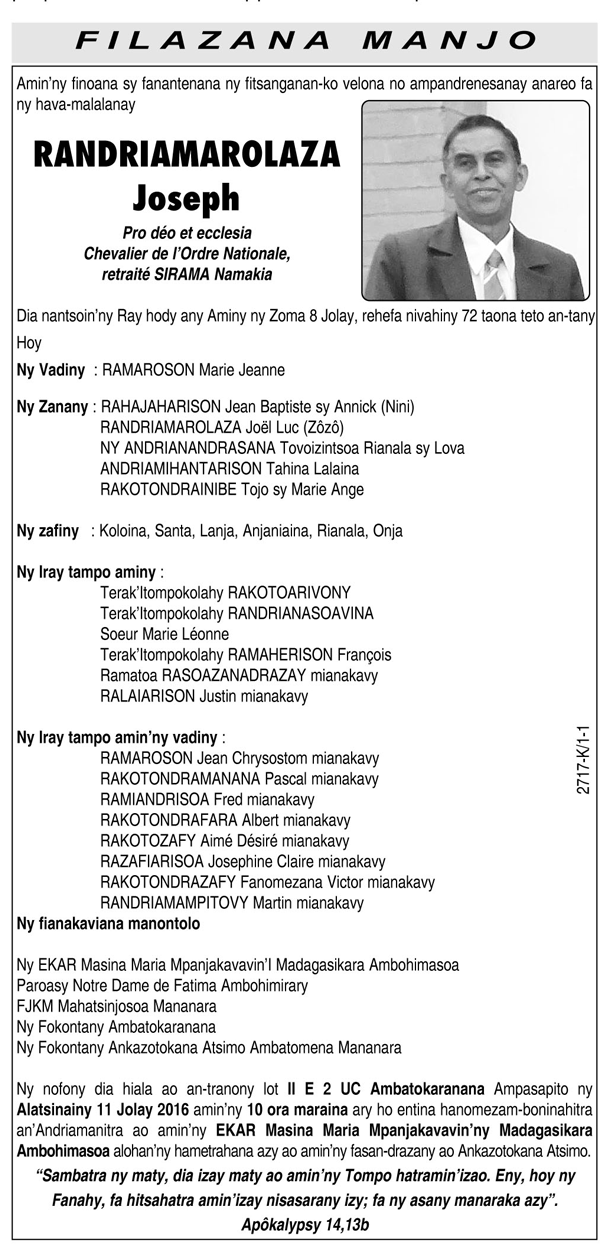 N crologie Du 11 Juillet 2016 Midi Madagasikara