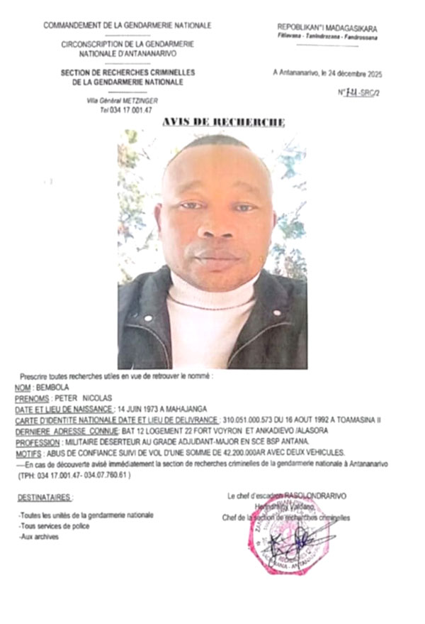 Vol de fonds et de véhicules : Un adjudant-major de l’armée activement recherché