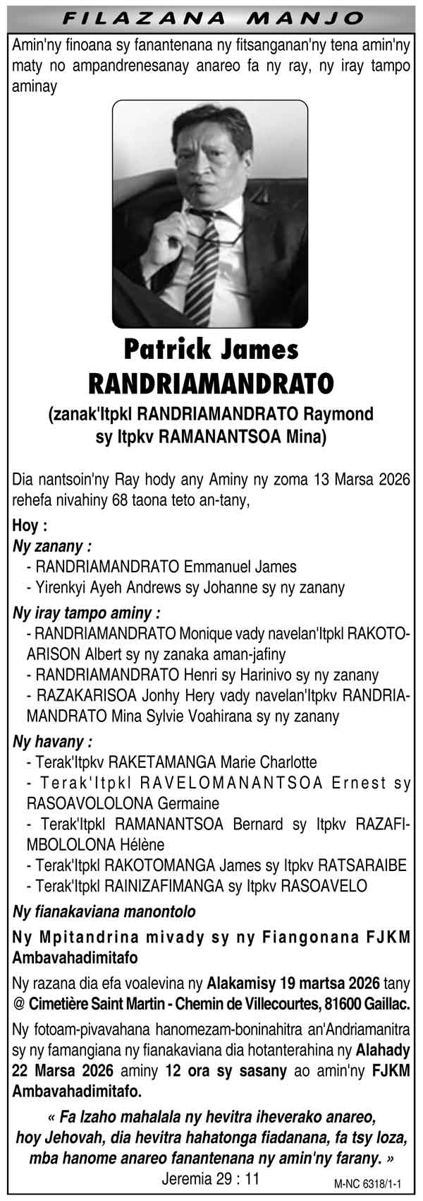 Nécrologie du 21 mars 2026